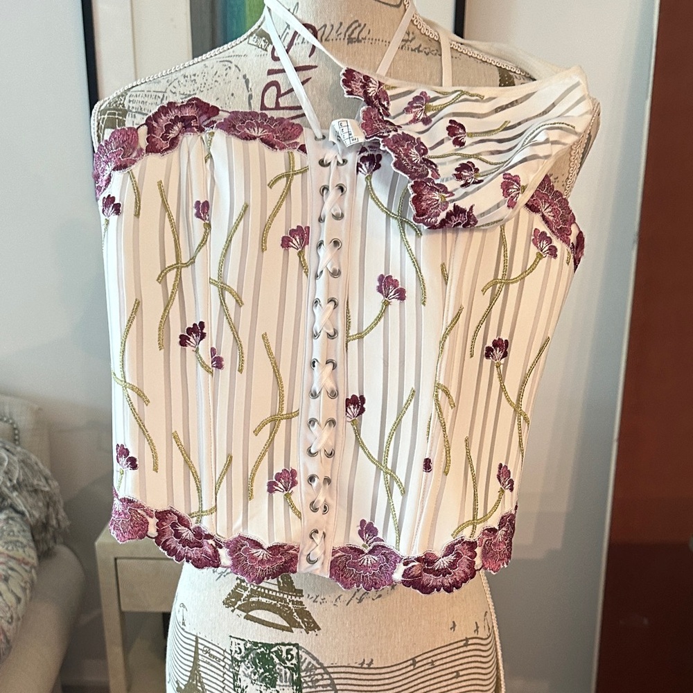 Simone Perele White and Purple Embroidered Bustier with Panties